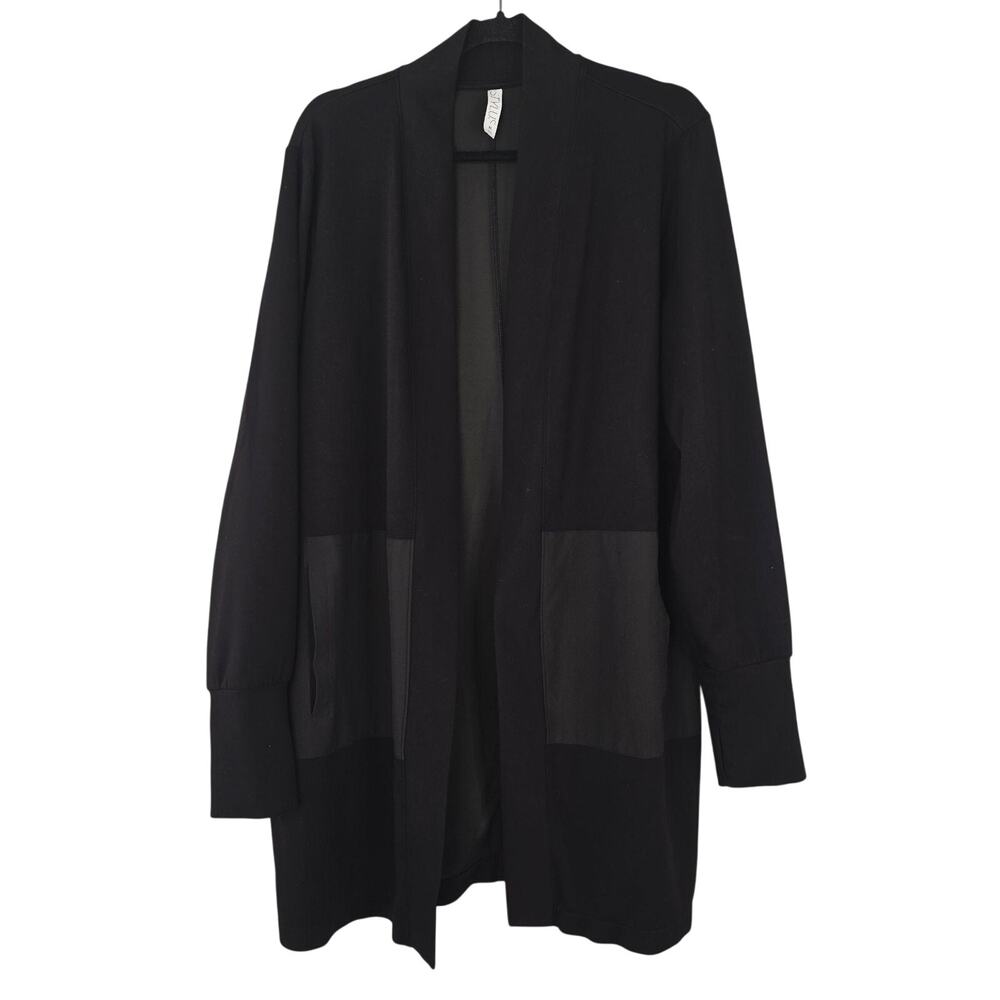 Stylus Cardigan Sweater Womens XL Black Open Front Longline Pockets Knit Stretch